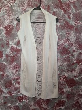 Runway 7 Light Cream Distressed Open-Front Sleeveless Cardigan